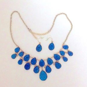 Blue glitter drop necklace and earrings